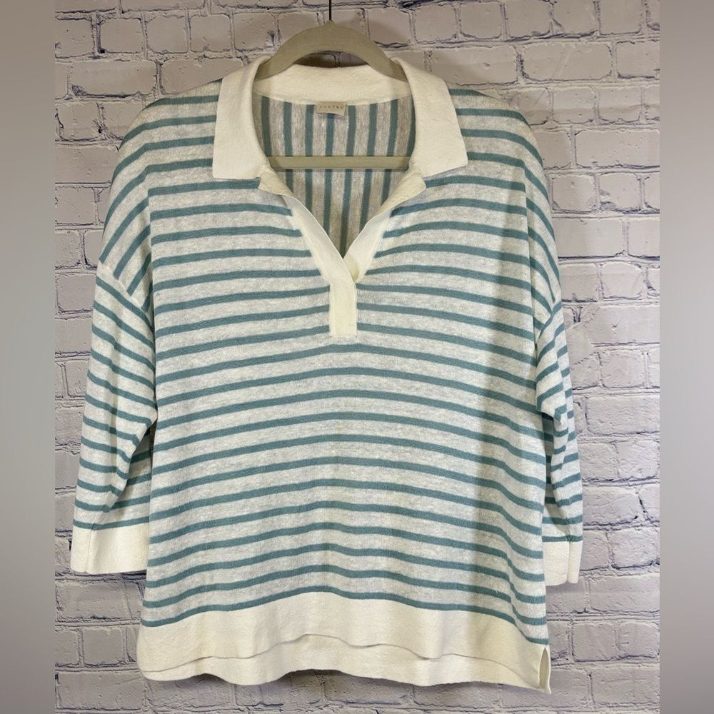 Poetry Dusty Blue White Linen Knit Striped Pullover Collared Preppy Sweater 10